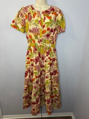 LEA Tropical Floral Midi Dress Cotton Vacation Beach Resort Women's M